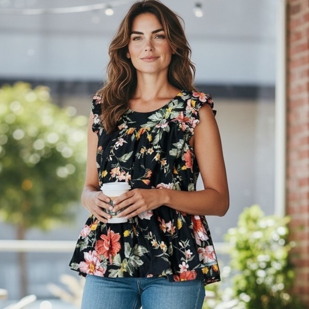 American Eagle Dark Floral Babydoll Black Ruffle Sleeveless Top Whimsical Flowy